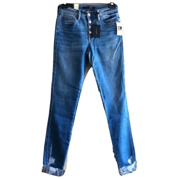 Flying Monkey Women's Blue Denim Distressed Mid-Rise Cuffed Ankle Skinny Jeans - Picture 6 of 12